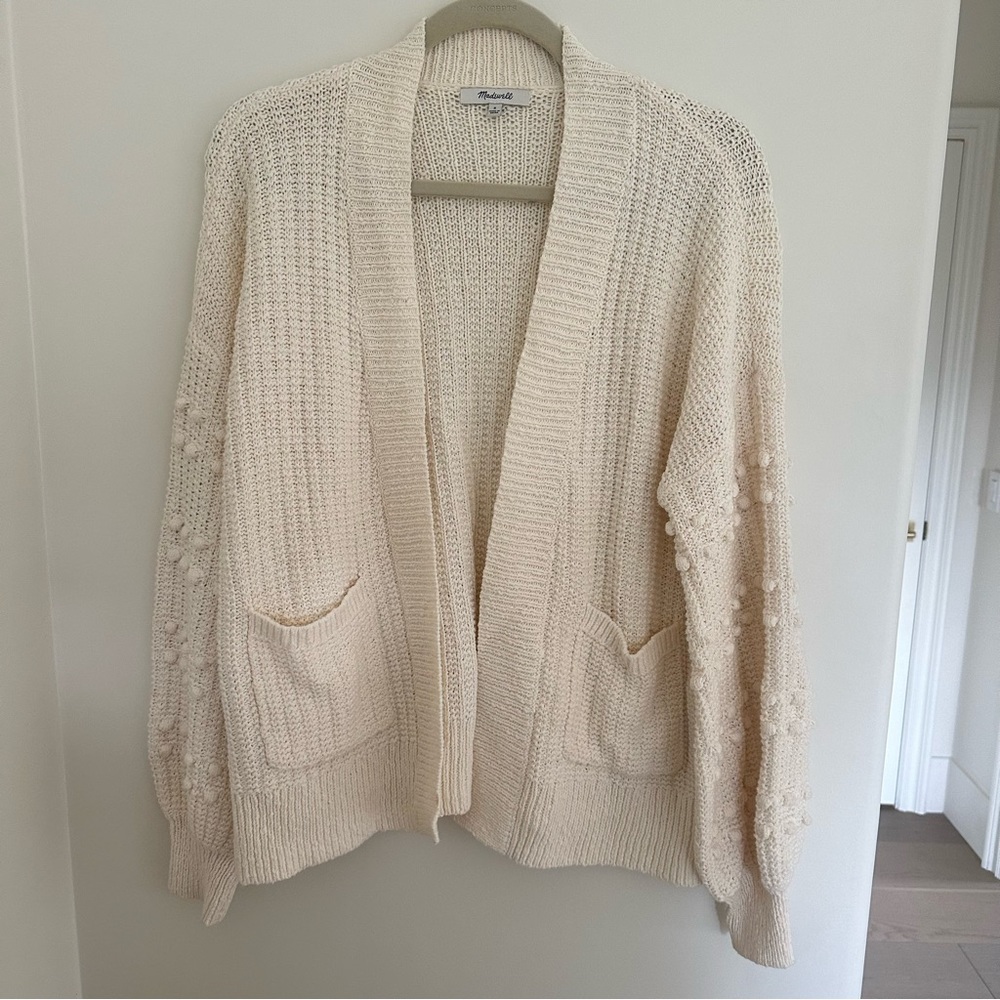 Madewell Cotton Cream Pom Sleeve Cardigan